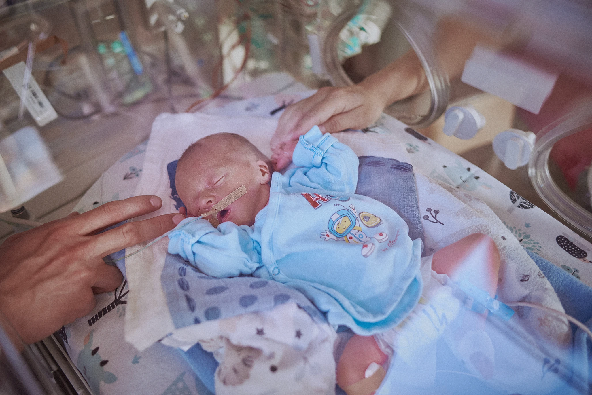 Rodzic trzyma dłoń dziecka na oddziale neonatologii